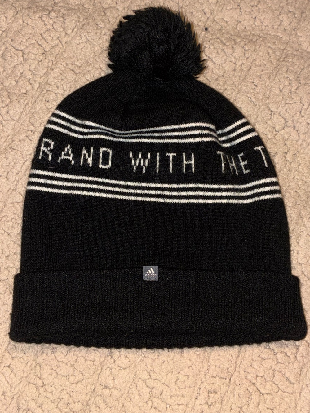 Adidas Black Beanie with White Stripes and Pom